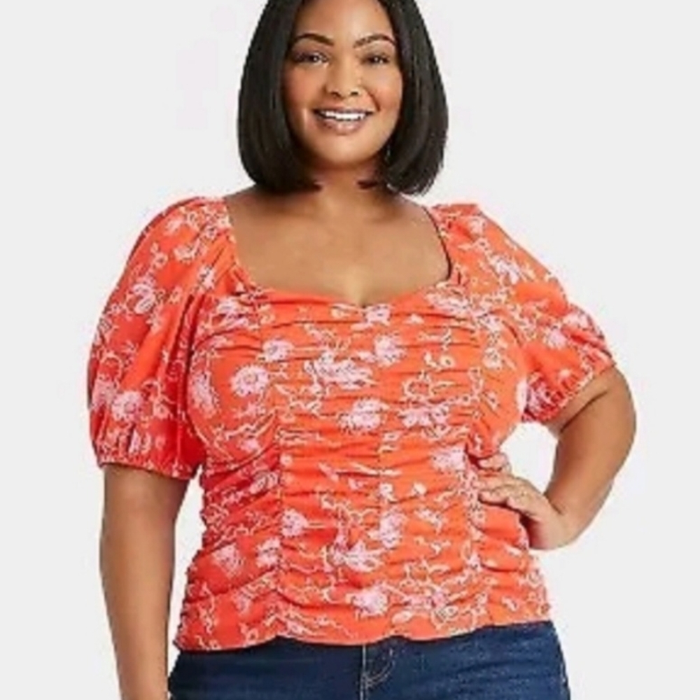 Ava & Viv Runched Front Orange&Lavender Smocked Back Short Sleeve XXL